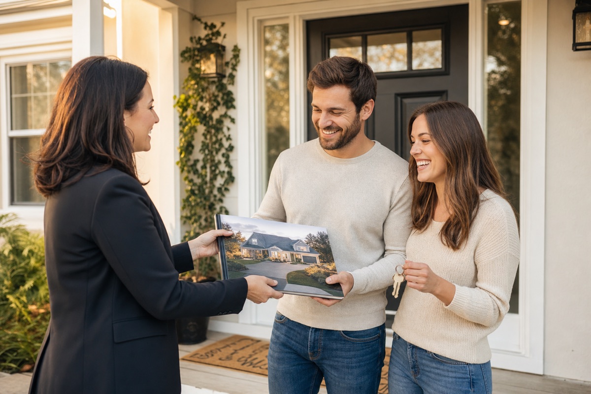 Realtor presenting a custom photo book to new homeowners on their front porch