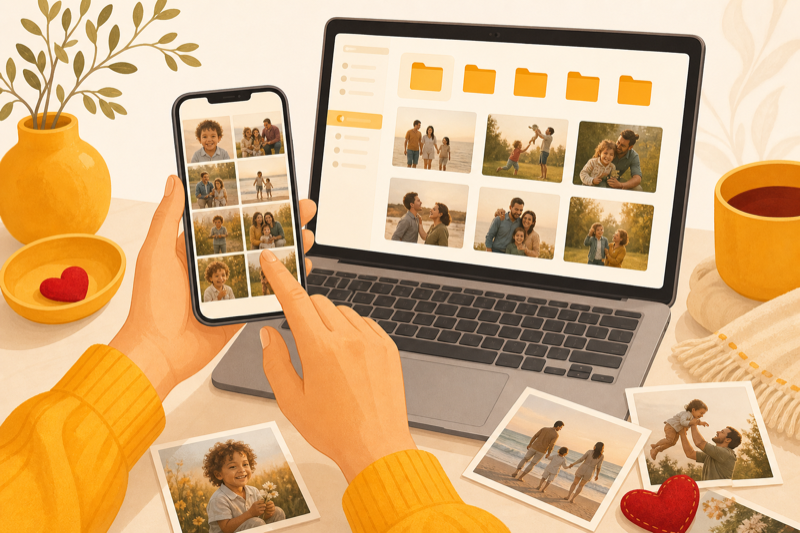 Illustration of selecting favorite photos from phone and computer