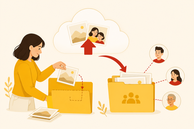Illustration of uploading and sharing a photo folder