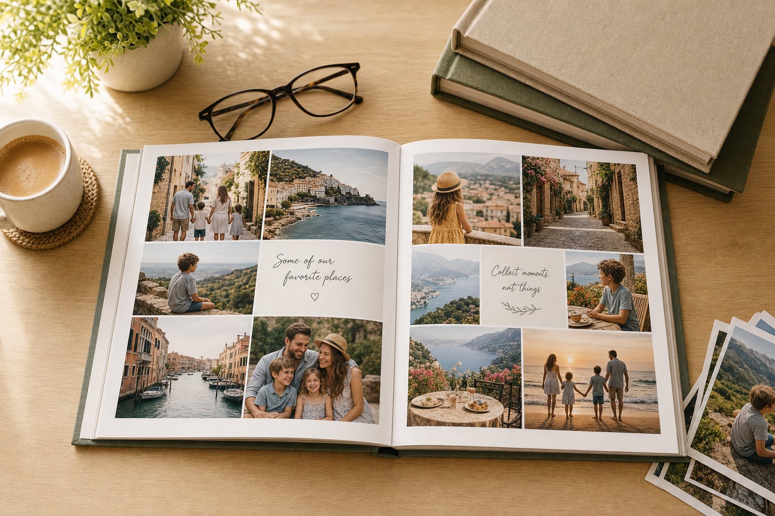 A finished Storyline photo book open on a desk, filled with family and travel photos